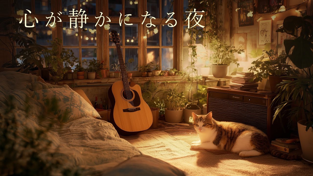 【夜に聴くBGM】疲れた心を癒す Mellowなアコースティック Lofi Guitar | 三毛猫と過ごす、静かな夜