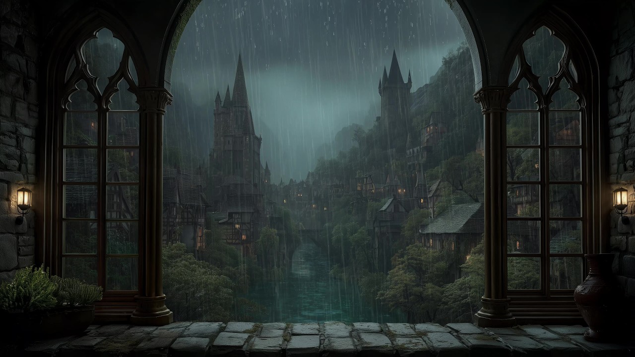 Peaceful Rain at Night in Castle from Majestic Window - Rain Sounds for Sleeping