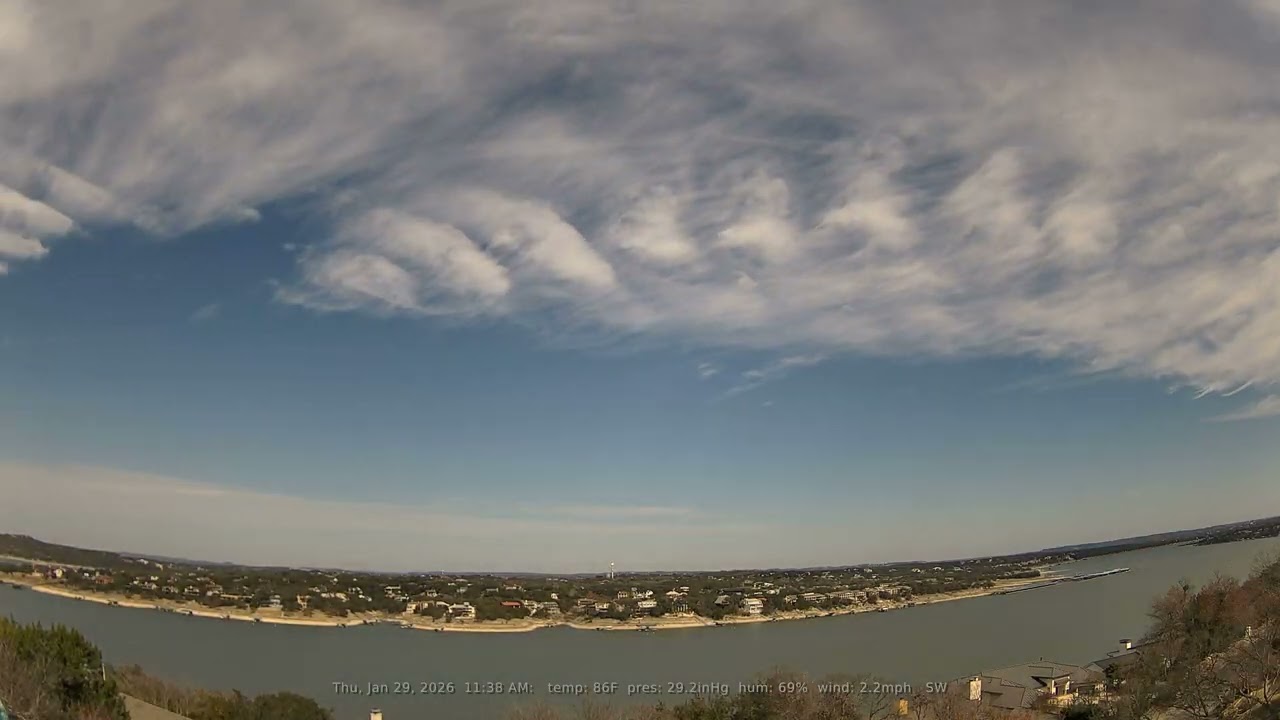 01/29/2026: Lake Travis, Texas (Austin, TX): 4K, 60fps Daily Weather & Boat Traffic Timelapse Video