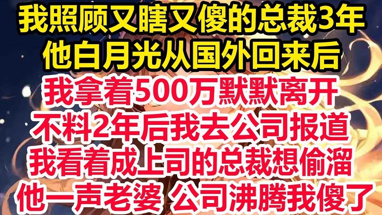 我照顾又瞎又傻的总裁3年，他白月光从国外回来后，我拿着500万默默离开，不料2年后我去公司报道，我看着成上司的总裁想偷溜，他一声老婆 公司沸腾我傻了！