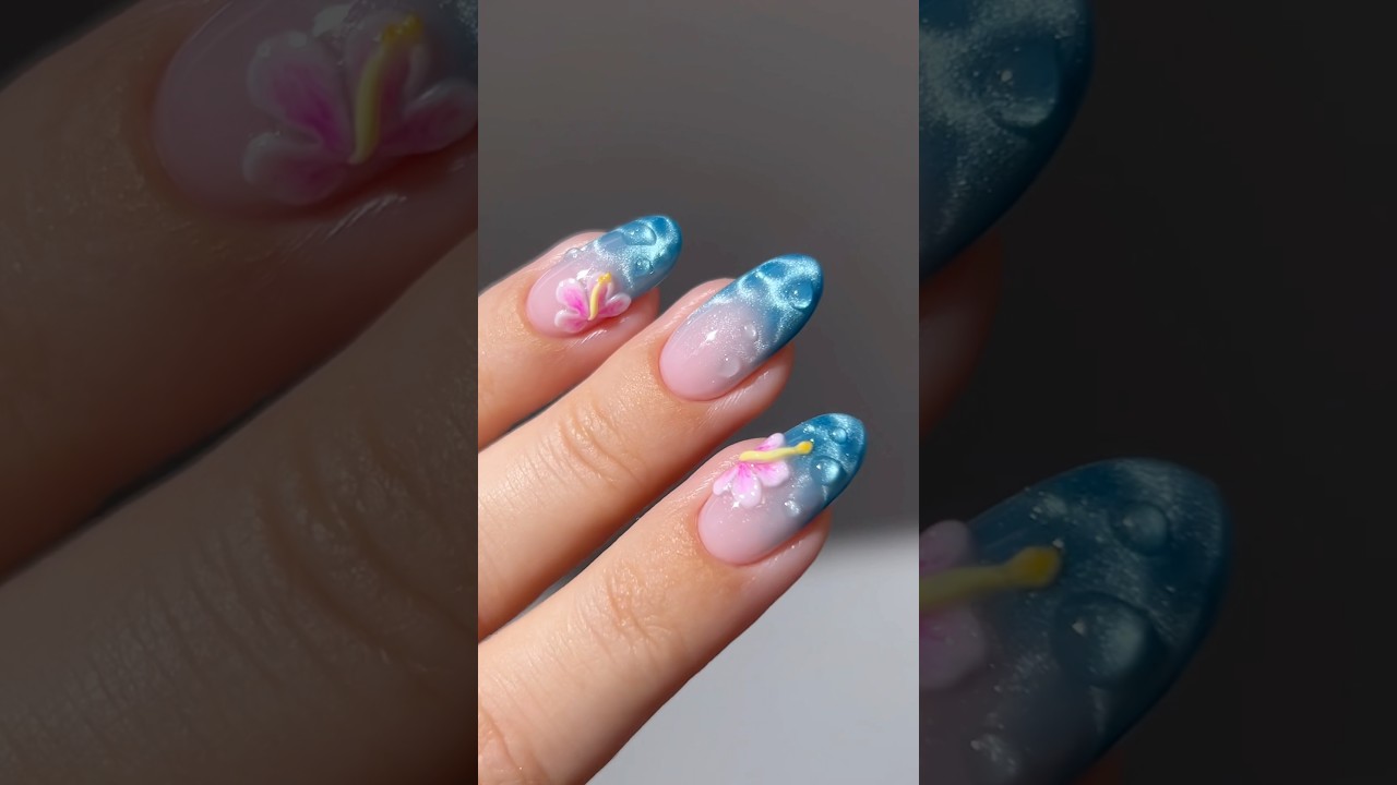 💦🌺 water & hibiscus flower #nails #nailart #naildesign #nailhacks