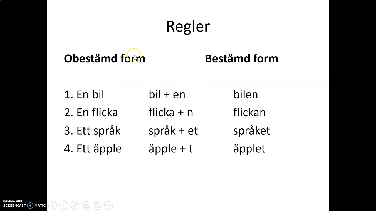 Obestämd och bestämd form singular (en español)