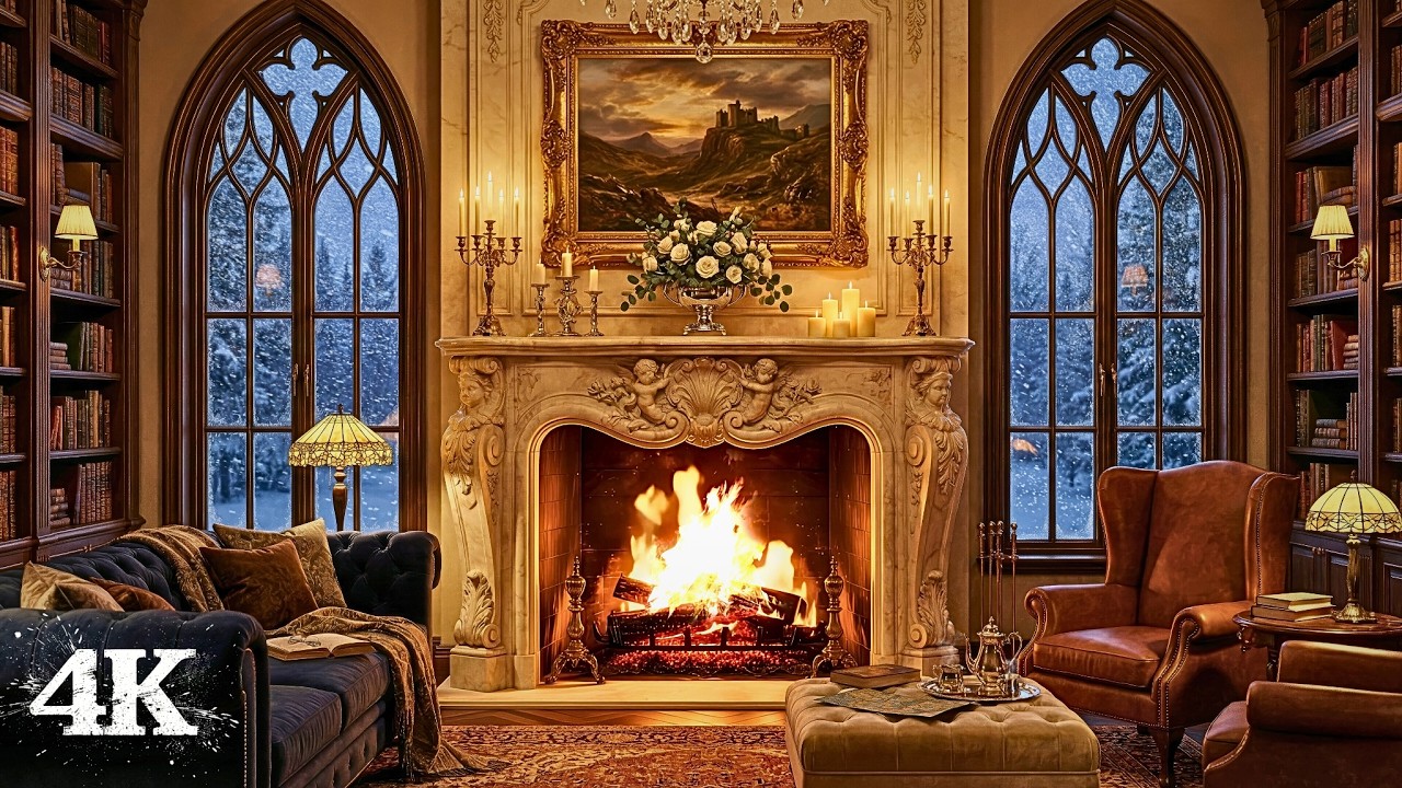 Enchanted Old World Library | Relax Like Nothing Can Touch You with Crackling Fire & Snowstorm