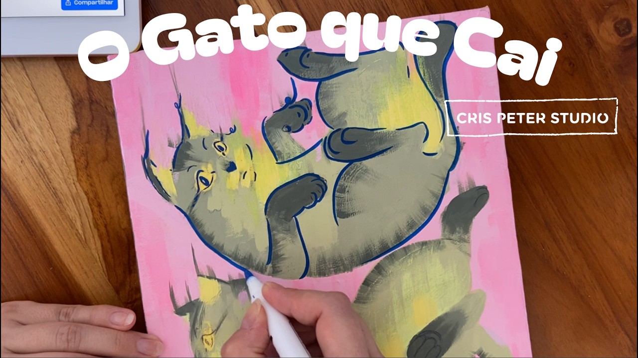 O Gato que Cai - Pintura em Tela com Guache Acrílica