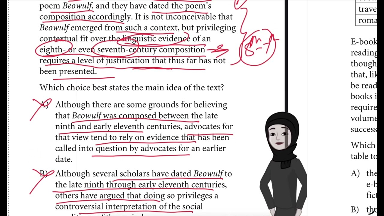 PSAT practice test 1 Question 11 module 1 Reading & Writing  production Old English epicpoem Beowulf