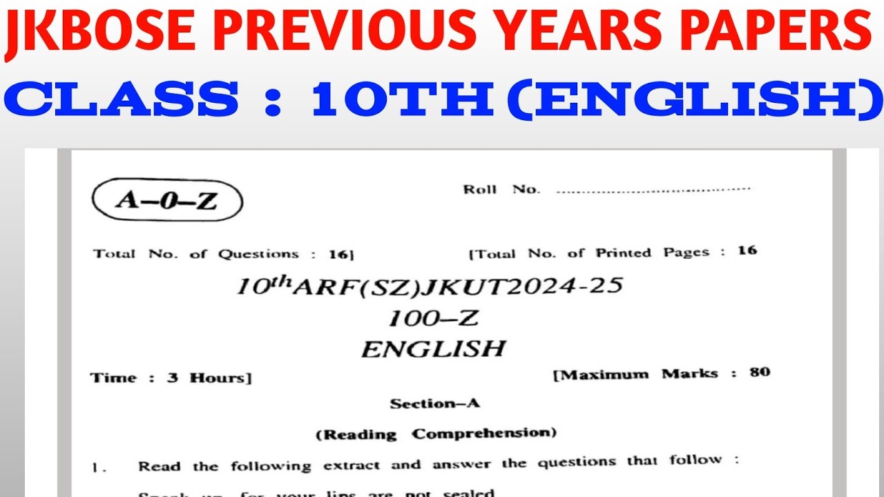 ENGLISH PREVIOUS YEARS PAPERS CLASS 10TH|| JKBOSE ENGLISH PREVIOUS YEARS PAPERS 