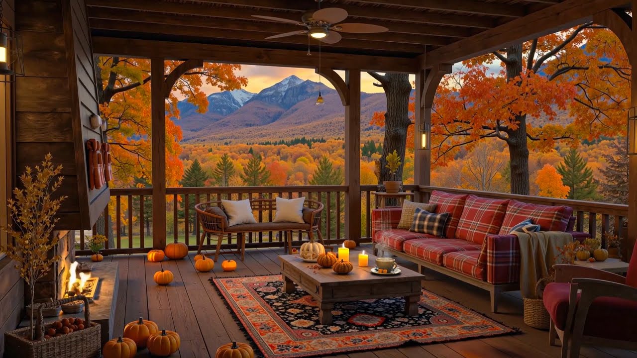 Cozy Autumn Porch by the Mountain 🍂 Tranquil Jazz, Cozy Fireplace Ambience for Study & Stress Relief