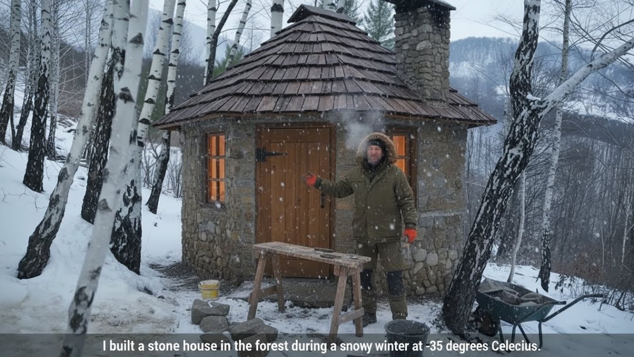 I built a stone house in the forest during a snowy winter at  -35°C