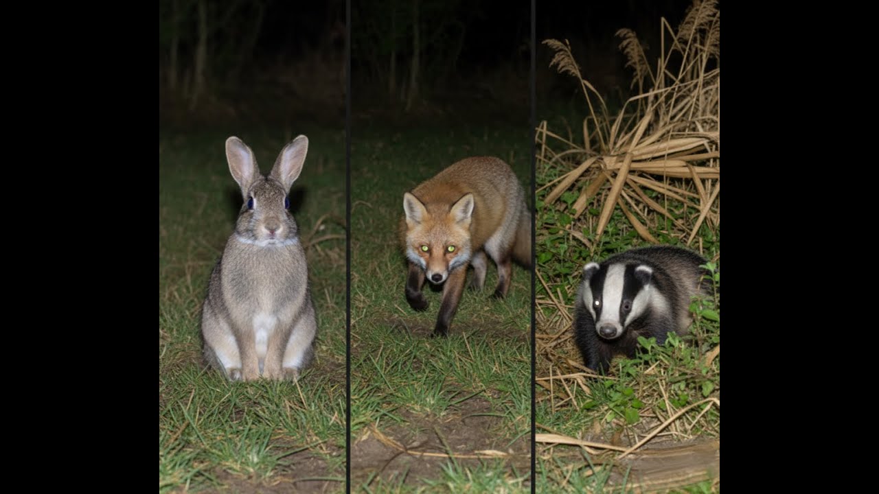 Rabbit, Foxes and Badger foraging together on Garden Night Vision Trail Camera 17 JAN 2026