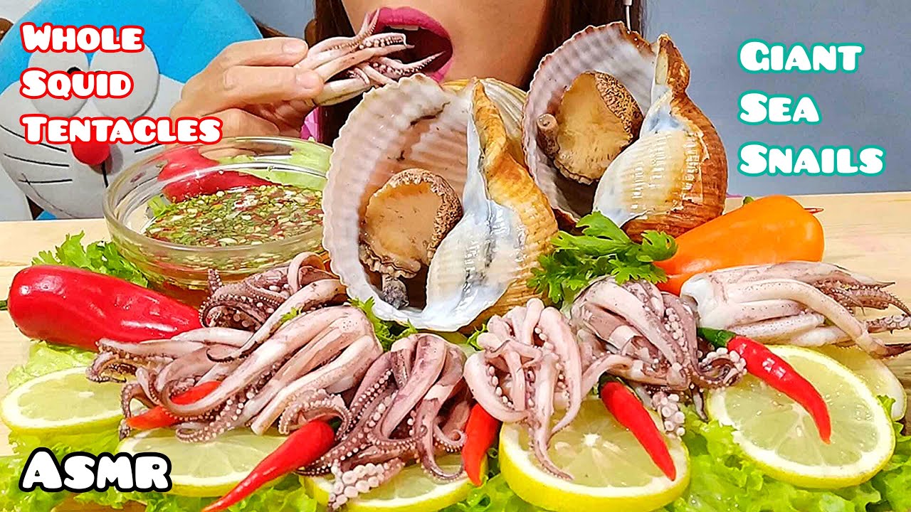 ASMR Whole Squid Tentacles, Giant Sea Snails & SAS Seafood Sauce 먹방 Mukbang Eating Sounds