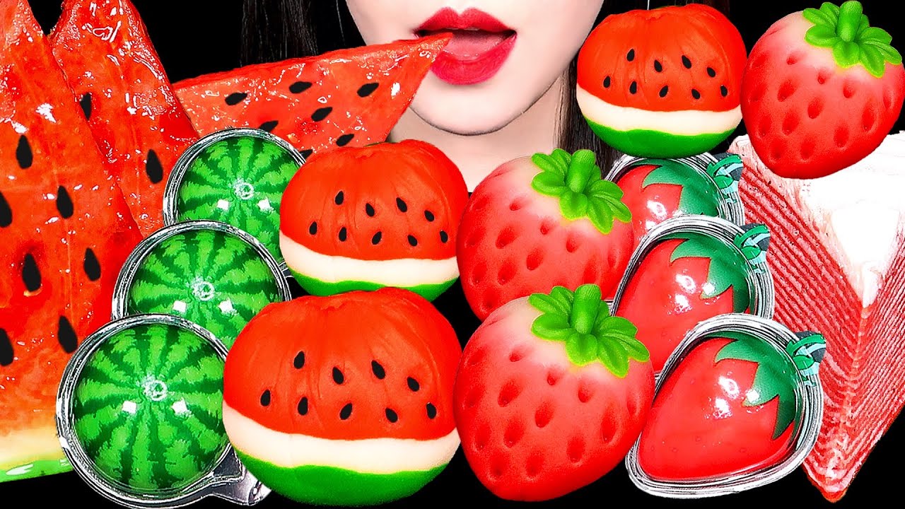 ASMR WATERMELON DESSERTS, TANGHULU, FRUIT RICE CAKE, JELLY 수박 딸기디저트, 수박 탕후루, 화과자, 젤리 먹방 MUKBANG