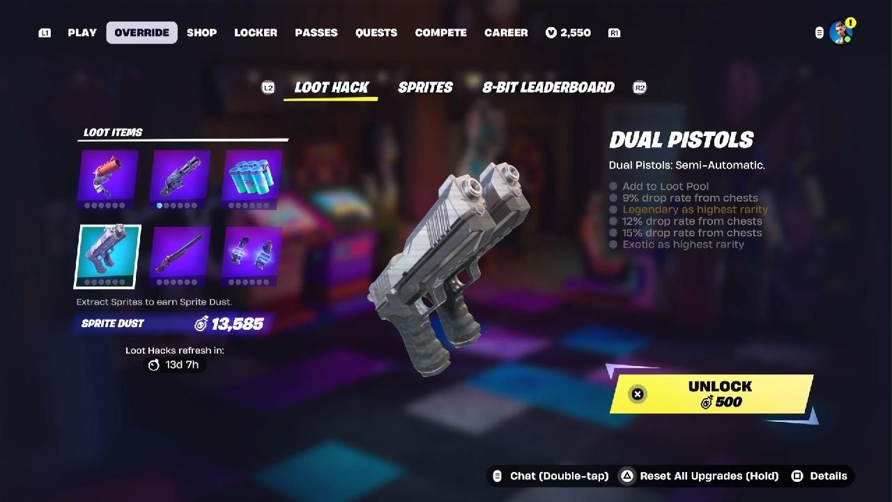 Purchase or upgrade Loot Hacks with Sprite Dust in the Override tab Fortnite #fortnite#gaming 