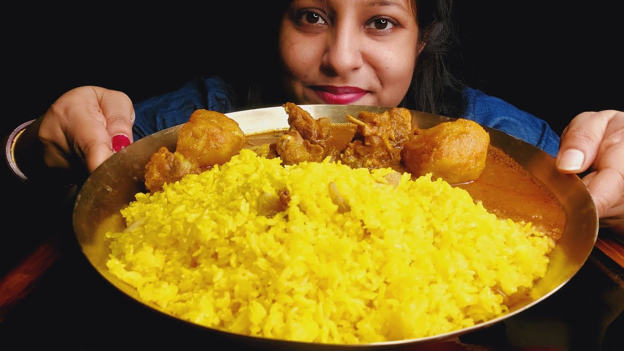 Eating Show - Basanti Pulao/Yellow Rice with Spicy 🔥 Mutton| Poulamieatingshow #eatingshow #bigbites