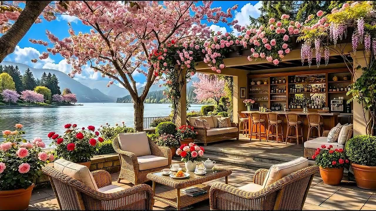 Gentle February Spring Jazz 🌸 Cozy Outdoor Coffee Shop Ambience & Nature Sounds for Great Mood, Work