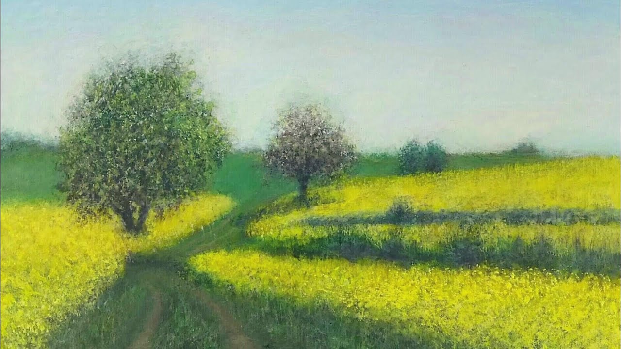 Acrylic Landscape Painting(アクリル画・風景画)｜how to paint【No.7】Rape field(菜の花畑)