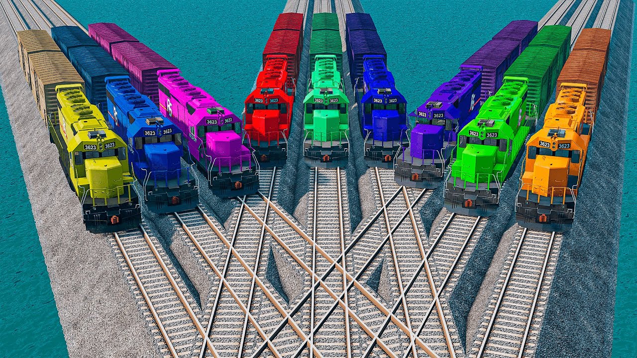Triple Train Vs Colorful Quadruple Trains vs Impossible Rail Track Crossing Deepwater | BeamNG.drive