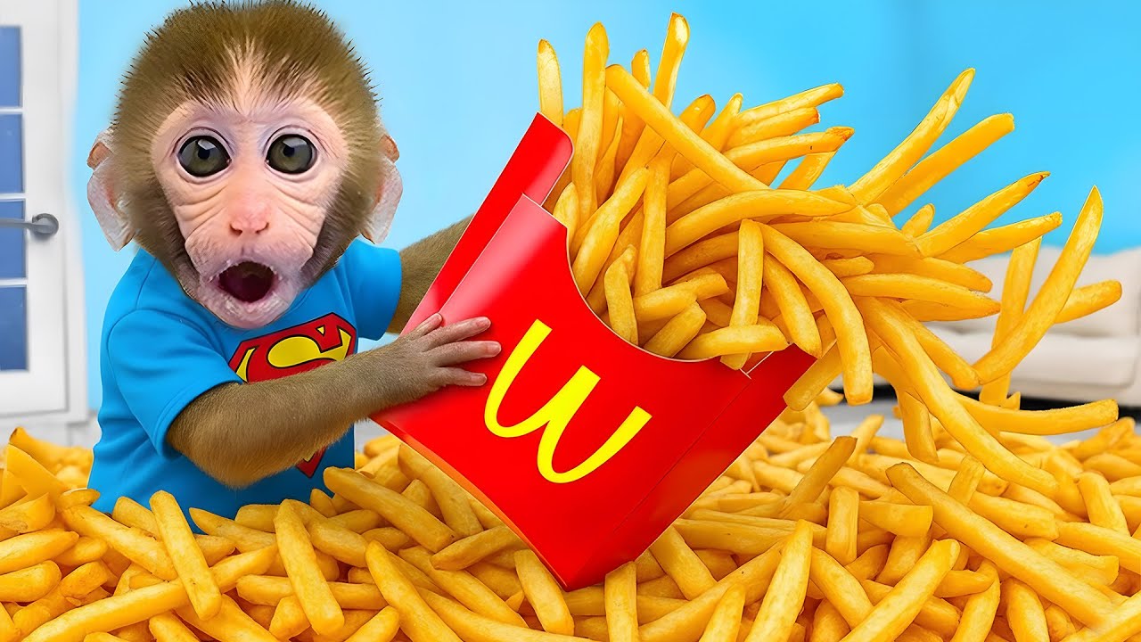 Singe Bon Bon et le petit ours s’amusent dans une salle pleine de Hamburgers McDonald’s