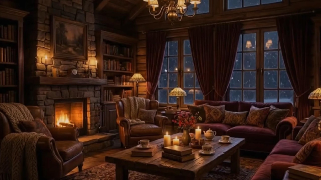 Cozy Winter Cabin Ambience with Fireplace & Gentle Snowfall – Relaxing Sounds for Sleep