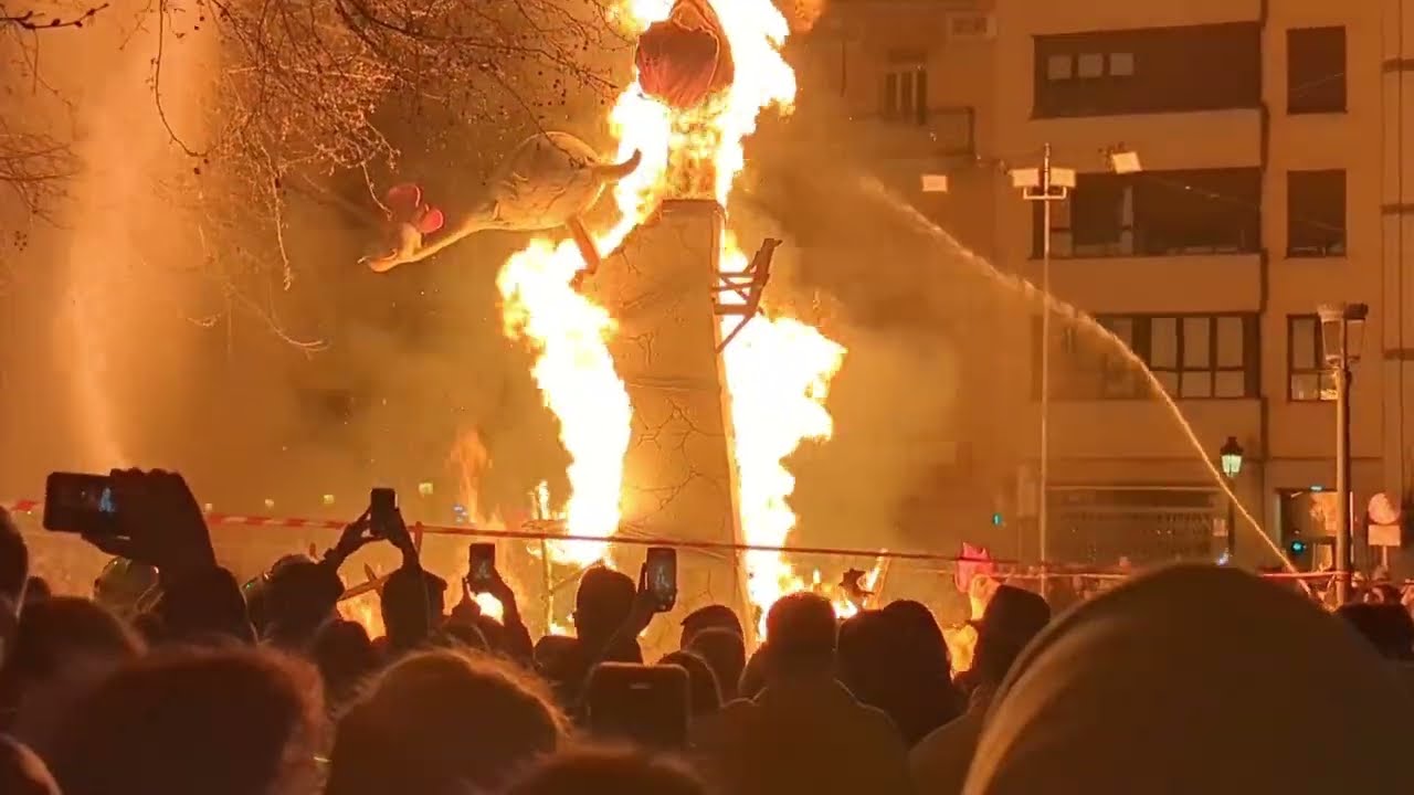 Valencia Fallas night of burning, fireworks, fire parade