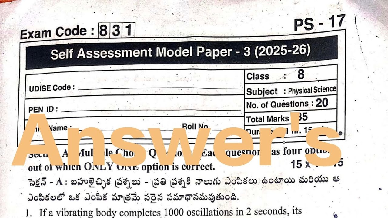 8th class Physical Science 🔑 Self Assessment Model  Paper - 3 (FA-3)Real Key Answers 2025-26 || ☝️