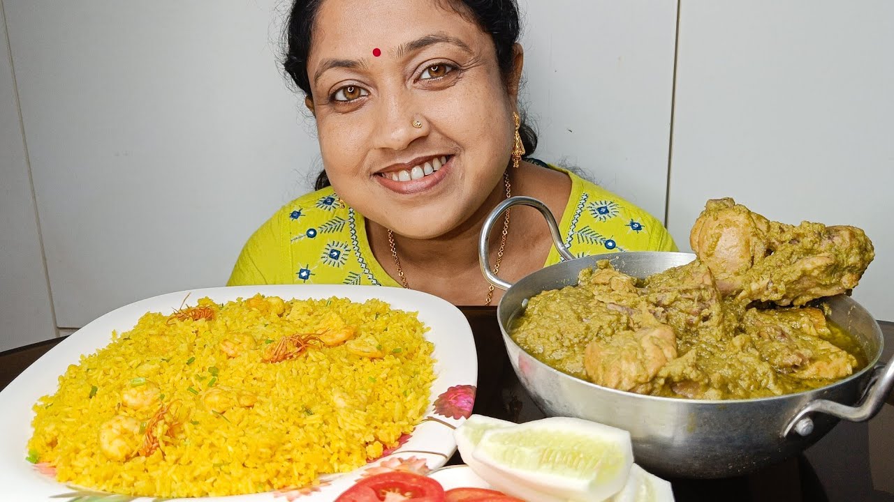 Eating Show II Prawn Pulao and Dhaniya Chicken 🔥🔥