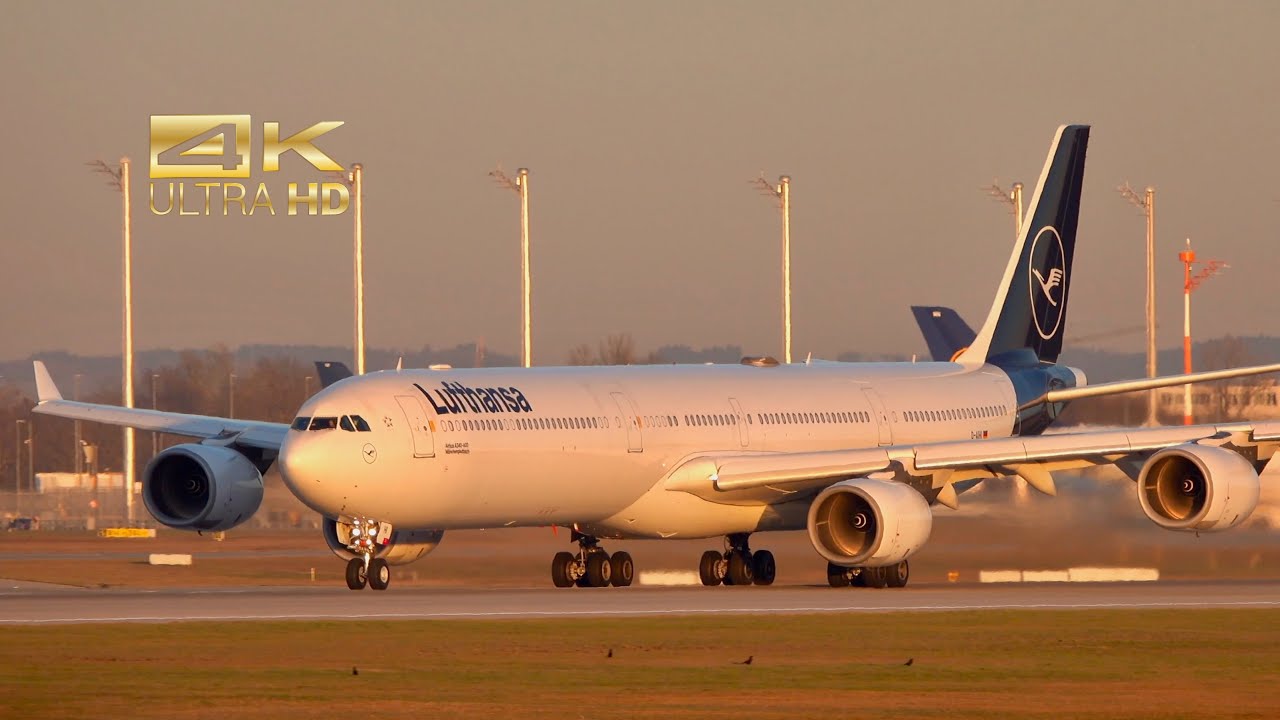 (4K) Airbus A340-642 from Lufthansa D-AIHI departure at Munich Airport MUC EDDM