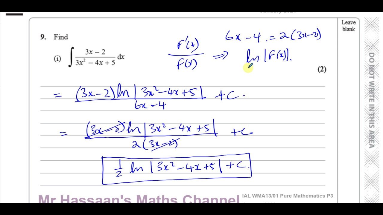 WMA13 IAL (Edexcel) P3  Jan 2021 Q9  Integration, Reversing the Chain Rule