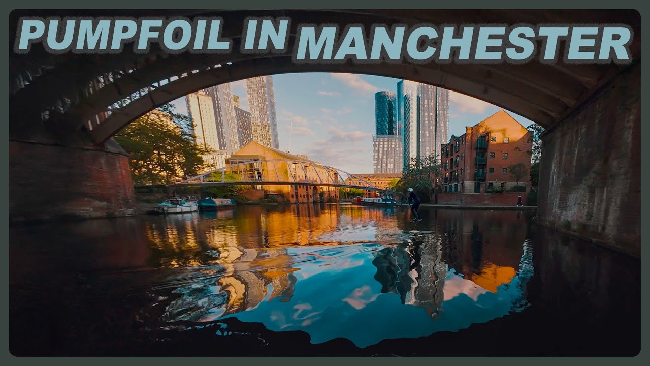 Insane FPV shot - pumpfoil session down town Manchester