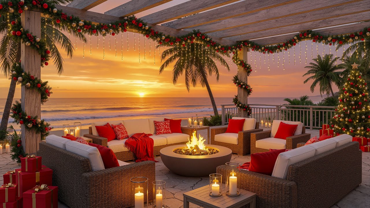 Tropical Sunset Ambience & Smooth Jazz Music 🔥🎄 Cozy Christmas Fire Pit at the Beach
