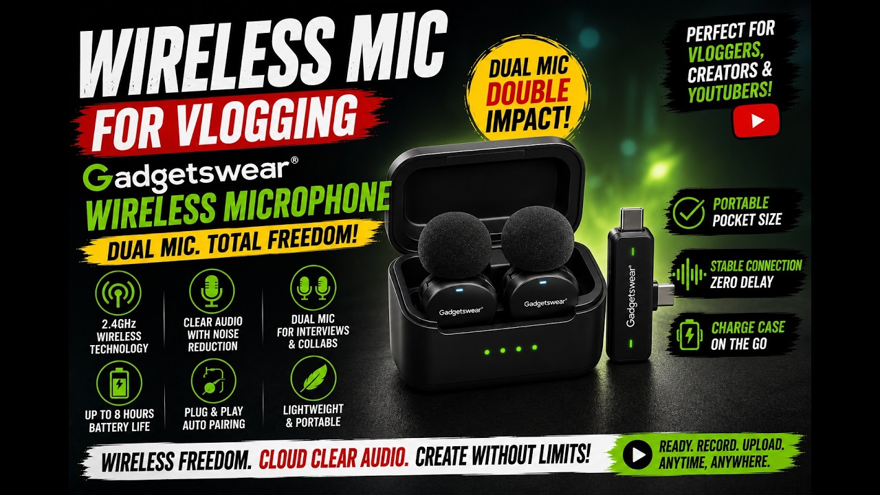 2026 Best Wireless Mic for Vlogging | Gadgetswear Wireless Microphone | Dual Mic | USB-C & Lightning
