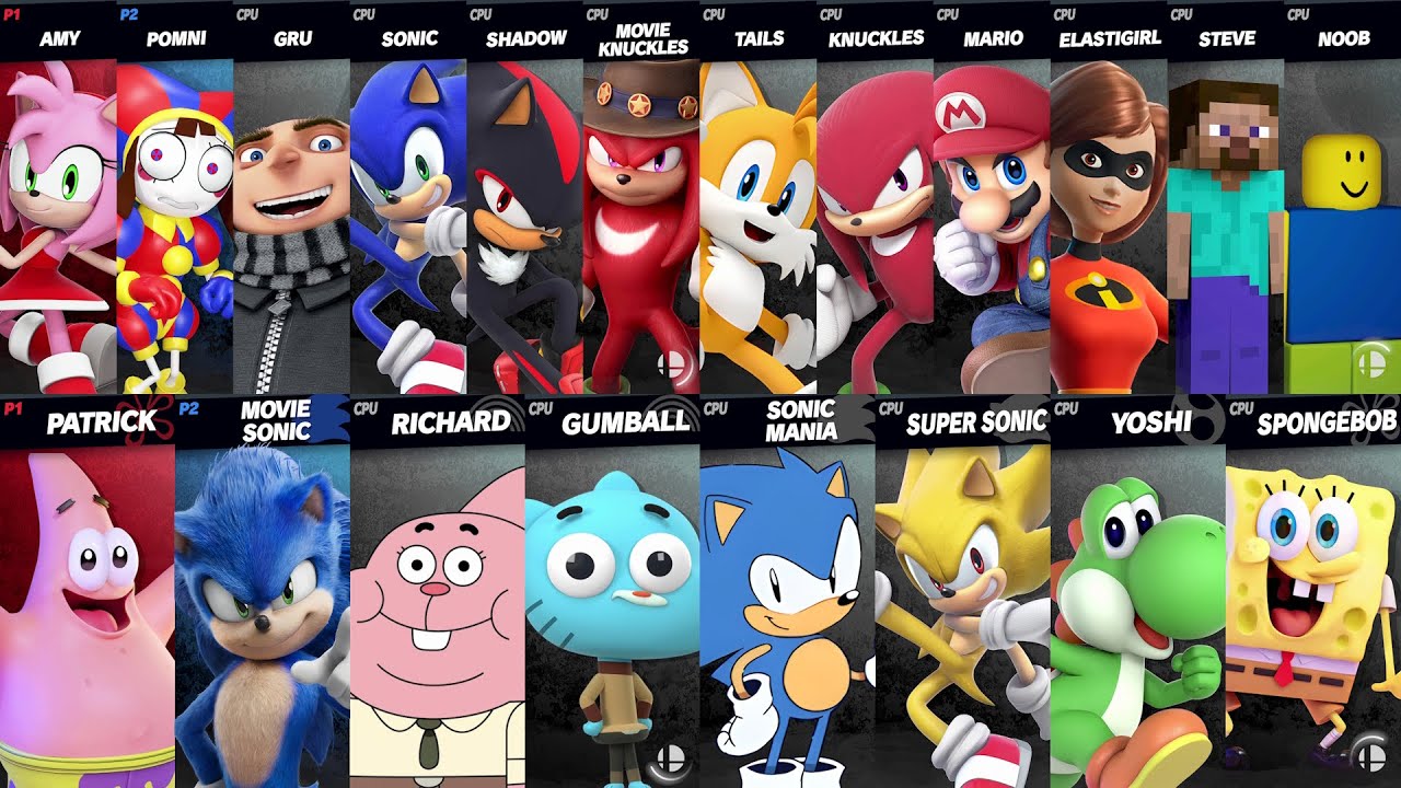 Sonic vs Mario vs Yoshi vs SpongeBob vs Gumball vs Pomni vs Patrick | Super Smash Bros Ultimate