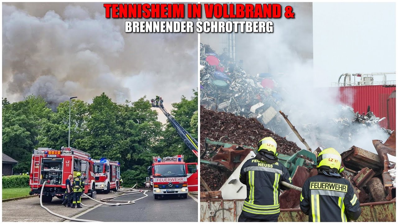 [TENNISHEIM IN VOLLBRAND & BRENNENDER SCHROTTBERG!] - 2 große Brände gleichzeitig ~ Feuerwehr Neuss