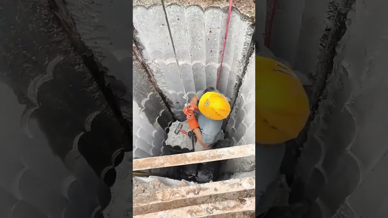 Workers work hard in the well, and the winch helps lift heavy rocks