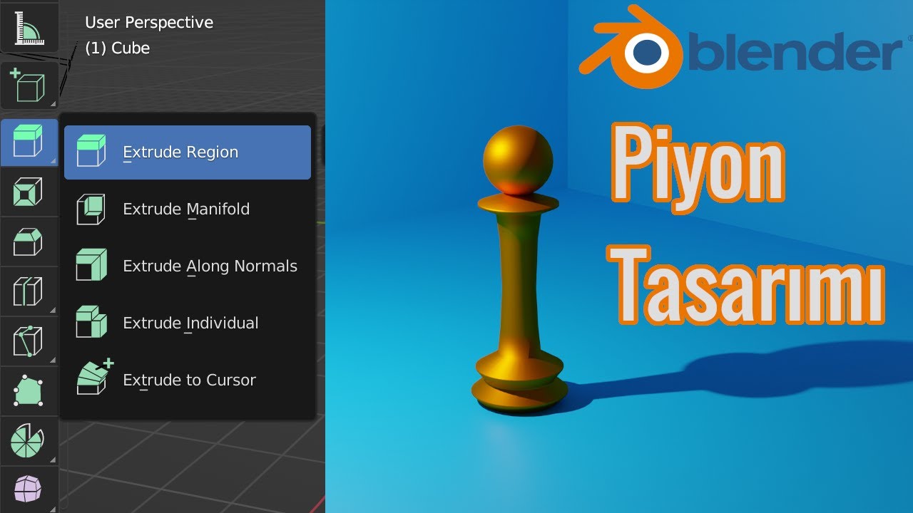 9. Blender programına giriş ders serisi - Blender 3.1 Edit mode ve extrude ile piyon tasarımı