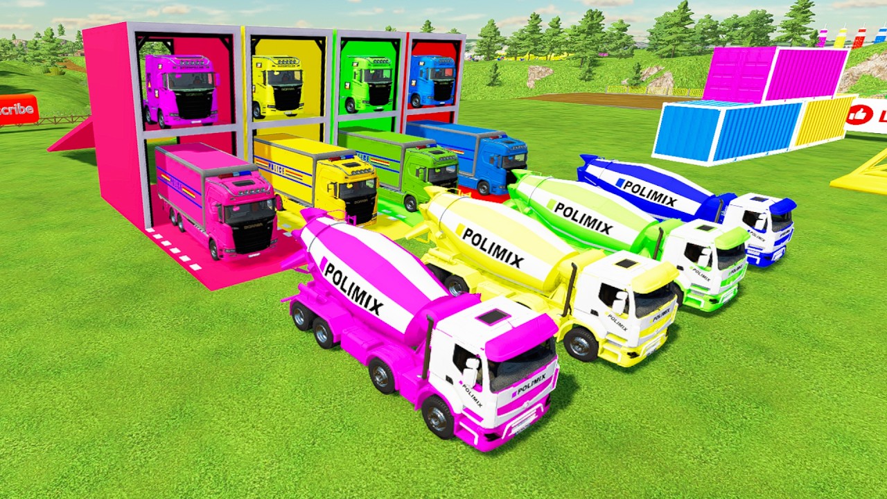 Colorful Trucks - ALL COLORFUL POLIMIX MIXER TRUCK, SCANIA BOX TRUCK TRANSPORTING WITH FLATBED TRUCK