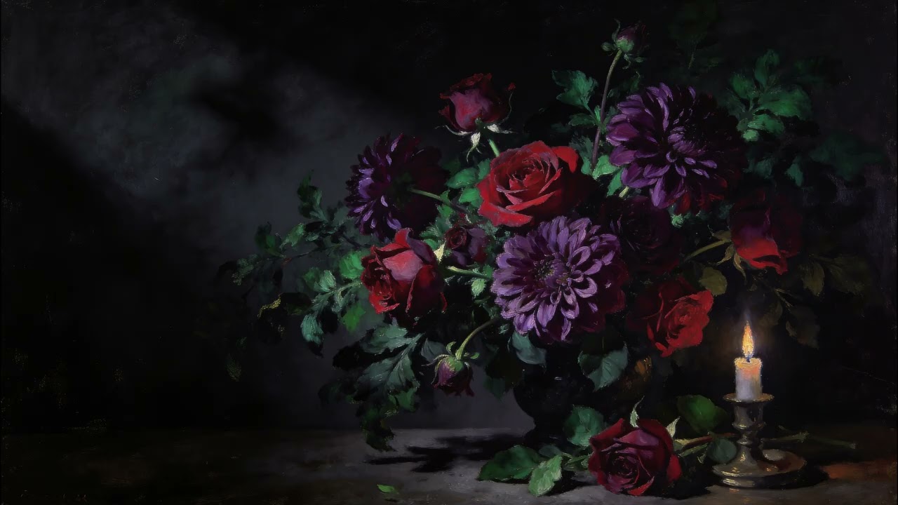 Dark Roses & Dahlias Painting | Dark Moody 4K TV Art | Baroque Floral Still Life | 2 Hours