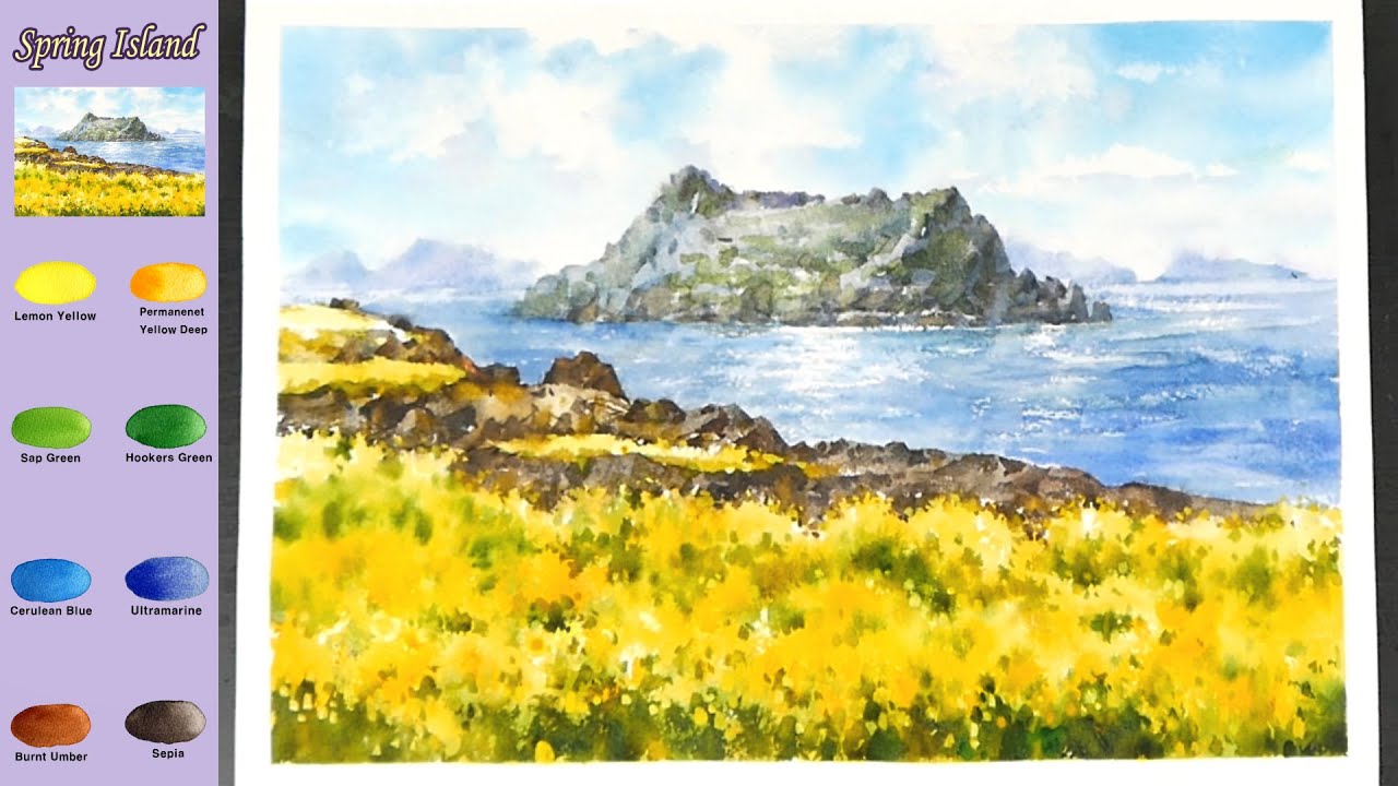 Без эскиза  Пейзаж Акварель -  Весенний остров  (просмотр имени цвета,  акварельный материал)