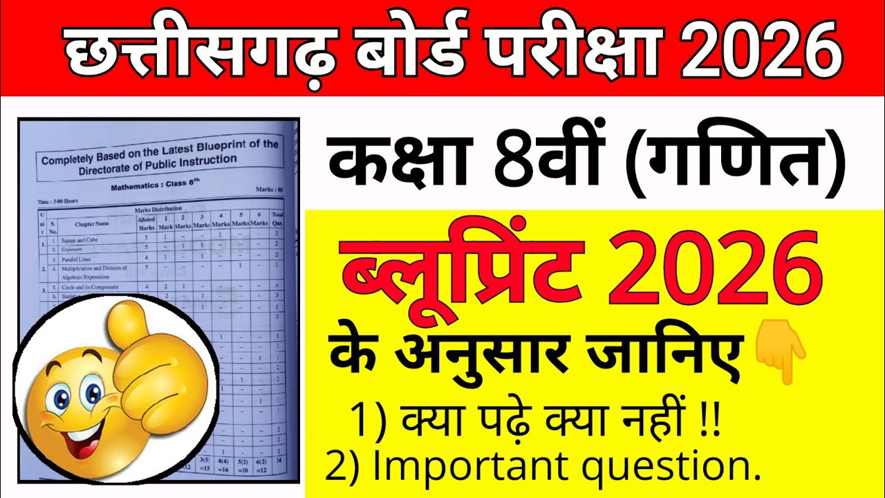 CG board 2026 कक्षा 8वीं गणित blue print के अनुसार important questions || cg board class 8th maths