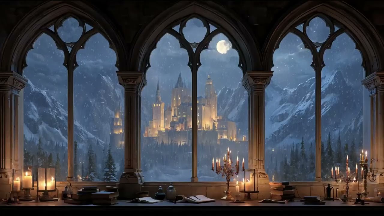 Medieval Castle Winter Window View ❄ Quiet Snow   Relaxing Fantasy Music for Sleep, Study   Focus