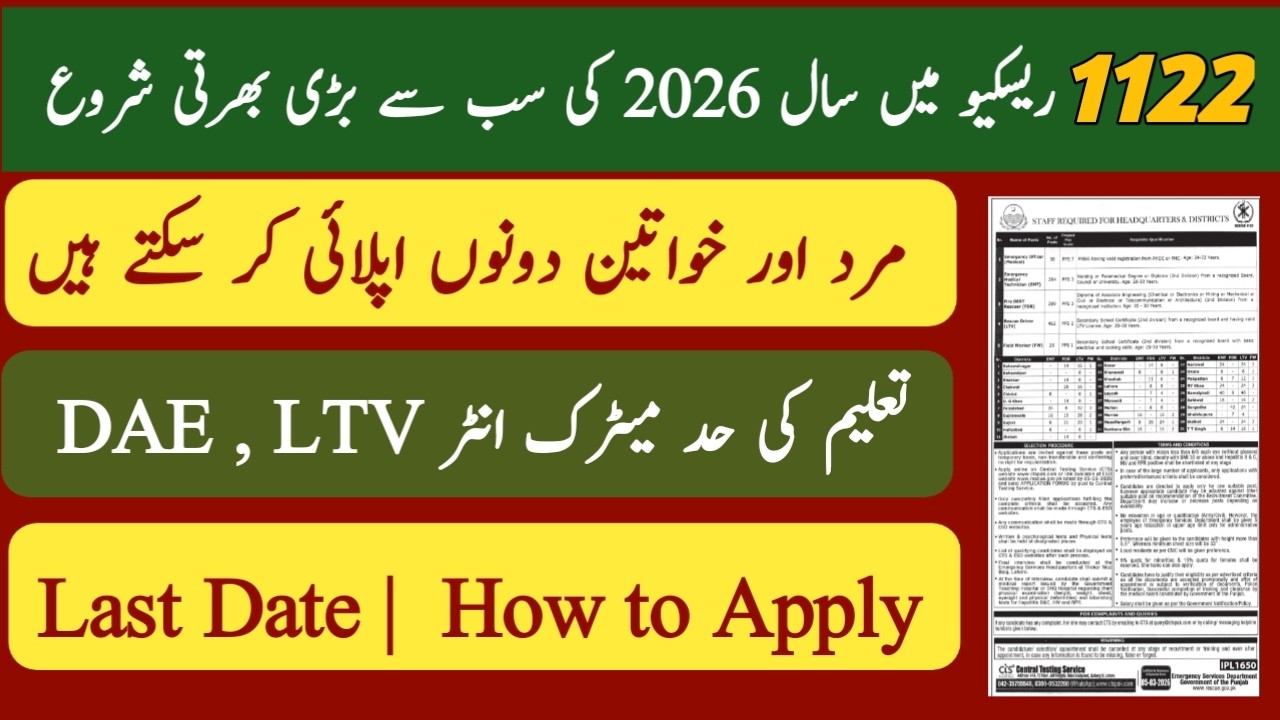 Rescue 1122 Jobs 2026 | Emergency Officer, EMT, Driver & FDR Vacancies | CTS Apply Online