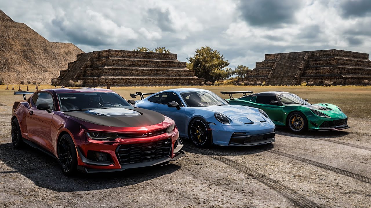 Forza Horizon 5 Drag race: Camaro ZL1 1LE vs Porsche 911 GT3 vs Lotus Exige Cup 430