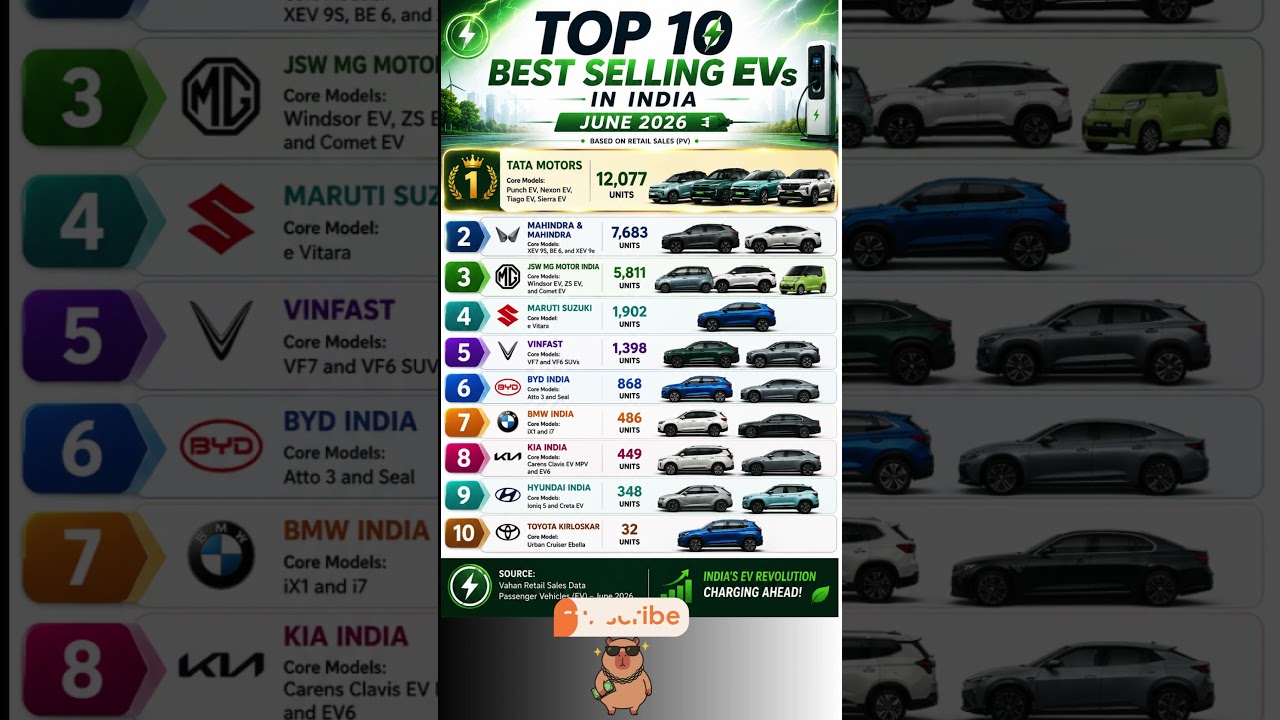 Top 10 Best Selling EV Brands in India ⚡ | June 2026 EV Sales Report 🇮🇳 #shorts #evindia #carsindia