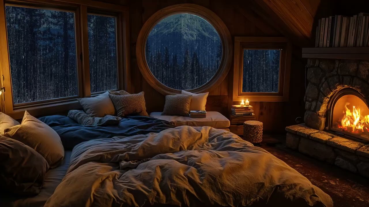 Sleep in a Cozy Storm-Kissed Hideaway - Rain Tapping onWindow, Distant Thunder & Fires Gentle Warmth