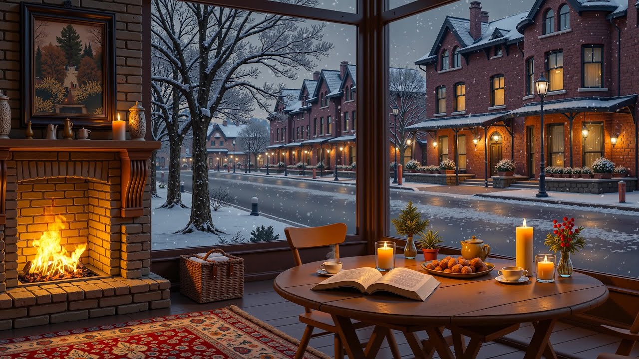 Quiet Winter Reading by the Fireplace ❄️ Relaxing Jazz Music on a Snowy European Street