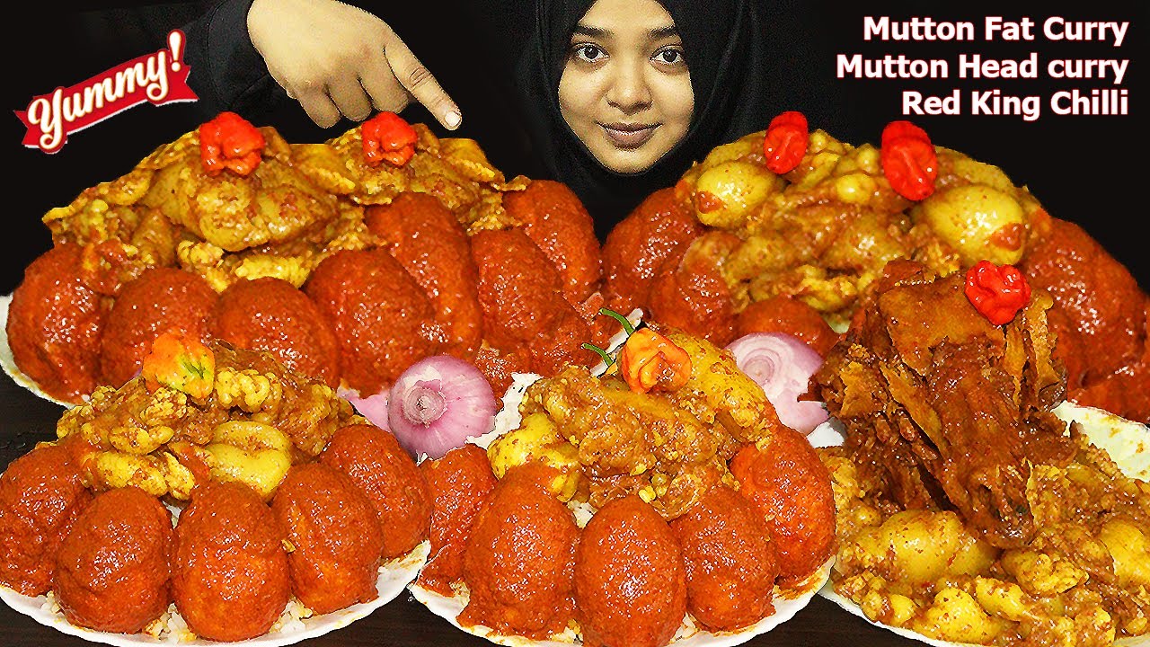 ASMR: Extremely Spicy Oily Mutton Fat Curry, Spicy Mutton Head Curry, Oily Egg Curry, Red King Chili