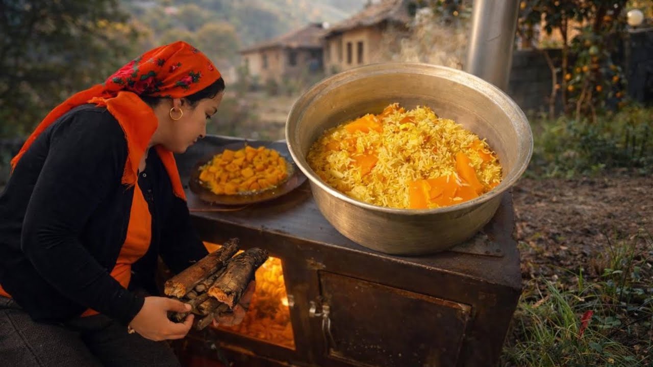 Rural Life in Iran | Cooking Kadoo Polo Over Open Fire