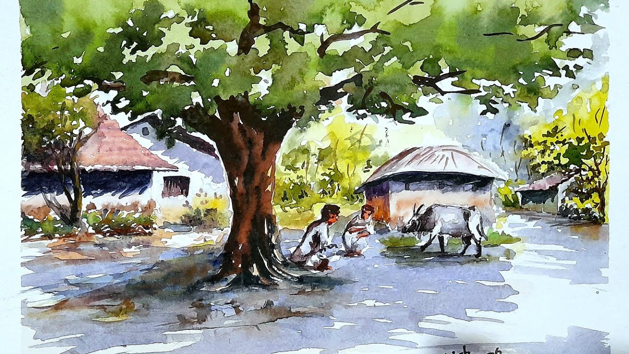 Village drawing by watercolour.  Light and Shadow 