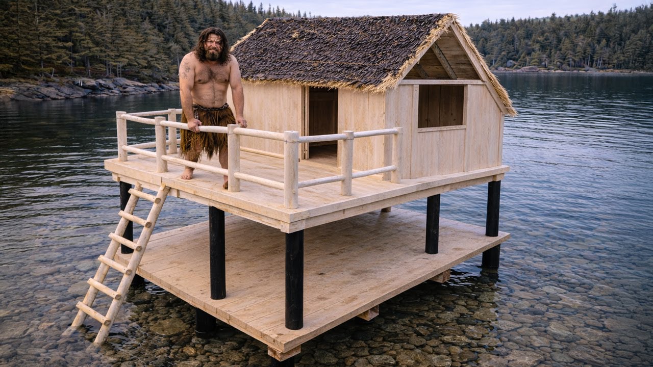 Primitive Man Building a House Over the Lake (ASMR) – Full Process