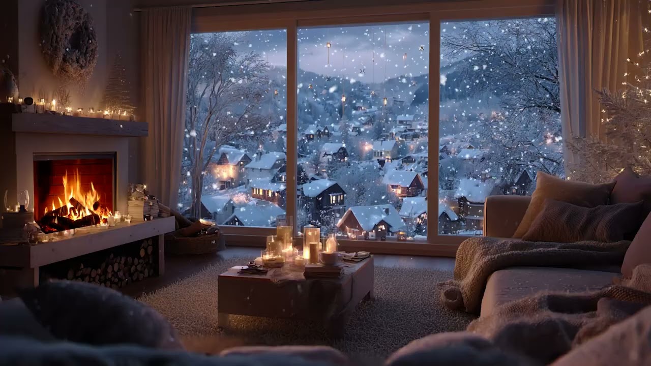 Peaceful Snowfall Cabin Piano Night | Fireplace Warmth for Relaxation
