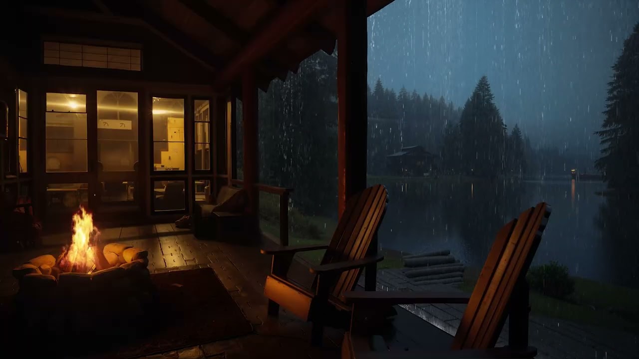Rain Sounds for Sleep | Cozy Cabin Porch with Fire Pit on Rainy by The Lake